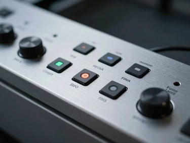 Macro shot of physical-digital interface controls on a sleek aluminum console, sharp focus, cool studio lighting.