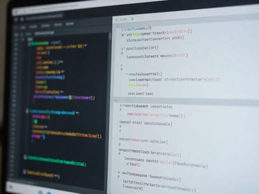 Extreme close-up of a high-resolution display showing clean structured code, cool-toned laboratory lighting, sharp focus, architectural geometry