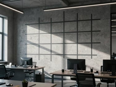 Architectural geometry of a modern workspace with structural grids projected on a concrete wall, natural cool light.