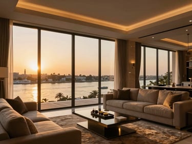 Luxurious modern living room in Cairo with floor-to-ceiling windows overlooking the Nile at sunset