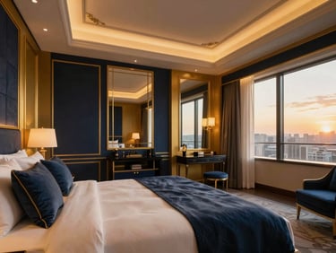 Opulent five-star hotel suite bedroom with elegant gold and navy decor, warm ambient lighting