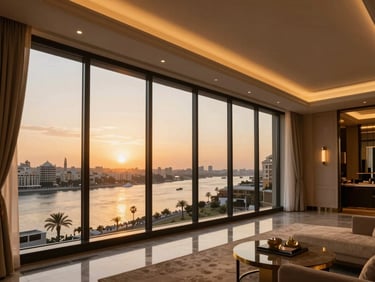 Elegant interior of a luxury Cairo penthouse apartment with panoramic floor-to-ceiling views of the Nile at sunset, warm ambient lighting, premium details.