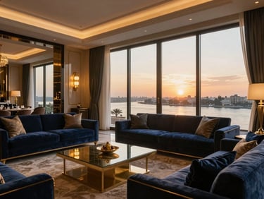 Cinematic close-up of a luxurious Cairo penthouse living room, floor-to-ceiling windows showing the Nile at sunset, warm ambient lighting, elegant gold and navy accents, high-end furniture
