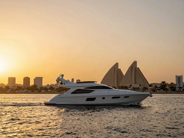 Cinematic wide shot of a luxury private yacht sailing on the Nile at sunset, warm golden hour glow, Cairo skyline in the background.