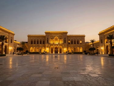 Wide shot of a historic luxury palace courtyard in Cairo, illuminated by warm ambient lights at dusk, exclusive and uncrowded atmosphere.