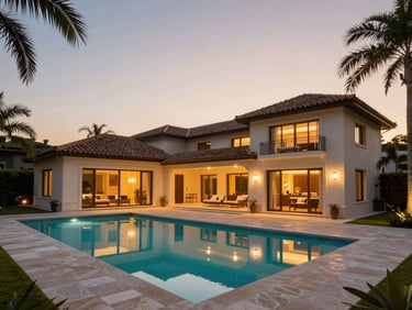 Stunning private luxury villa with a swimming pool at dusk, elegant outdoor lighting, palm trees