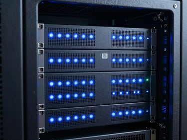 Crisp technical photography of a modern server rack with cool blue status lights, sharp focus, 35mm lens