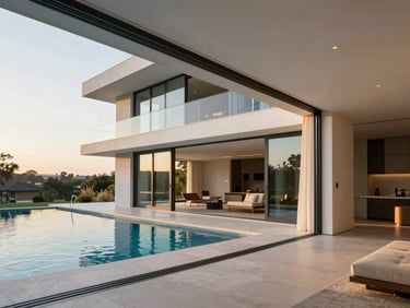 Expansive modern villa interior looking out to a pool, ultra-slim aluminium sliding doors open, late afternoon golden hour light.