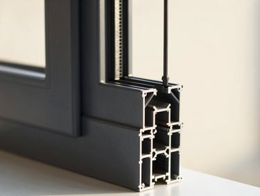 Macro detail of a sleek dark grey uPVC window frame profile, showcasing precise corner joints and multi-chamber thermal break technology, architectural lighting.