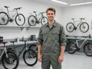 A smiling male mechanic standing in front of a clean, organized bike repair station, natural soft studio lighting, cool gray tones.
