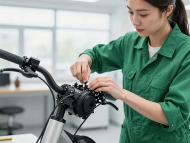 Close-up of a female mechanic working on an e-bike motor in a clean, modern workshop, bright natural overcast daylight, crisp green tones.