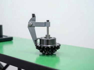 Close-up of a mechanical tension wrench calibrating a heavy-duty internal gear hub on a cargo e-bike, clean workbench