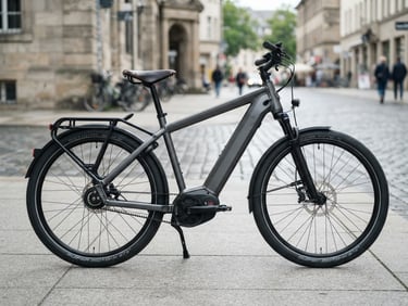 Side view of a premium modern e-bike parked on a clean gray concrete pavement in a European city, bright overcast daylight, sharp focus on the frame welds