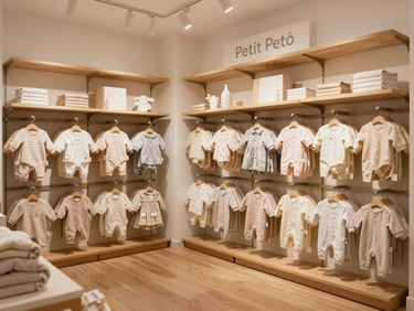 Wide interior shot of the cozy Petit Petó boutique, warm wooden shelves filled with baby clothes, soft ambient light.