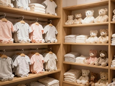 A warm, cozy corner of the Petit Petó physical shop, wooden shelves filled with pastel-colored baby clothes and soft toys, warm ambient daylight