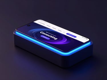 dark luxury 3d render, close-up of a modern consulting homepage design, vibrant blue neon edge lighting, moody low-key studio setup