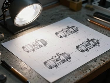 Technical drawings laid out on a dusty workbench, sharp focused work light, industrial vibe.