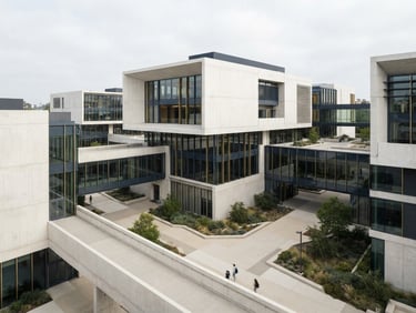 High-angle architectural perspective of clean modern concrete and glass structures, sharp geometric shadows, soft diffused overcast daylight, minimal editorial style.