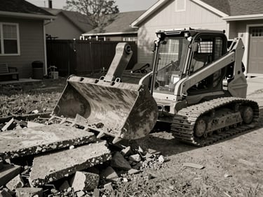 A skid steer with a heavy-duty bucket lifting shattered concrete slabs from a residential backyard, sharp morning sun, high-contrast charcoal and earth tones, 35mm
