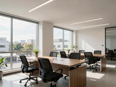 Clean, bright interior of a modern commercial office space in northwestern Paraná, natural light pouring through large windows.
