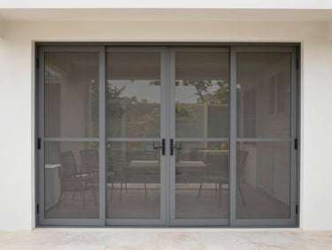 Wide shot of a modern patio with a weatherproof screen door seamlessly integrated, natural daylight, clean neutral tones