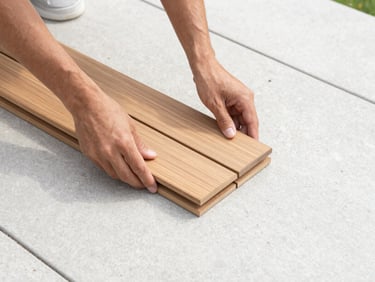 Overhead shot of hands easily laying a wooden interlocking deck tile on a clean patio, bright architectural photography, soft natural daylight, sharp focus