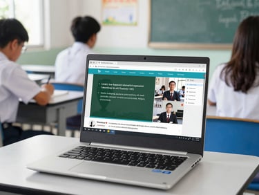 A laptop screen displaying an educational video lesson on Islamic history, bright classroom background, modern Indonesian high school setting, 35mm