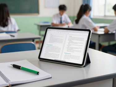 A neat desk with a tablet displaying a clean PDF textbook, a notebook, and a green pen, bright modern classroom background, 35mm