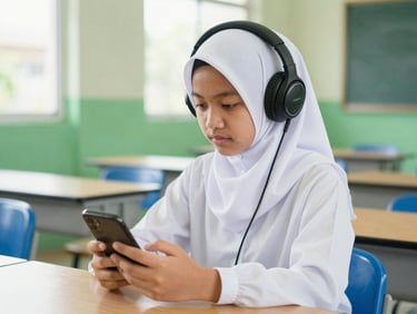 A student wearing a neat white school hijab listening to audio with headphones, holding a smartphone, bright natural light, 35mm