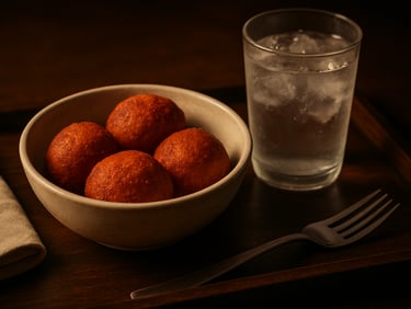 Close-up of a tray set for dinner with a bowl of acarajé and a cold glass of water, low warm lamplight from the side, dark wooden tray surface, simple ceramic bowl, shot from slightly above