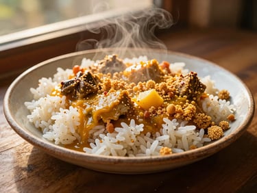 Close-up of a plate of moqueca with white rice and farofa, steam rising gently, photographed from just above plate level, golden afternoon light from a side window, rustic ceramic plate on a wooden surface