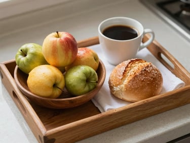 Close-up overhead of a small wooden tray with a bowl of fresh fruit, a warm bread roll and a cup of black coffee on a white cloth, soft north-facing morning daylight, Bahian kitchen counter texture visible at the edges
