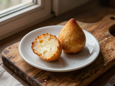 Close-up overhead of a small plate with a coxinha and a pastel de queijo on a worn wooden board, crumbs visible, warm ambient light from a nearby window, simple cloth napkin at the edge of the frame