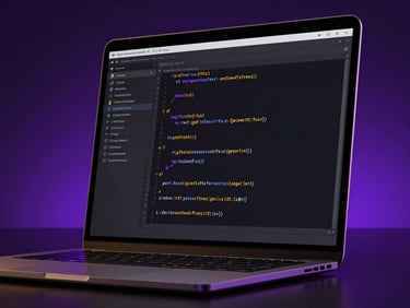 Sleek dark-mode digital render of a laptop displaying clean code structures, dramatic purple and gold neon studio lighting, high-contrast obsidian tones, razor-sharp focus