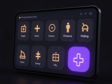 Sleek dark-mode digital render of a private medical clinic interface, clean medical icons, soft purple glow, high contrast obsidian background.