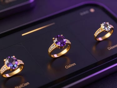 Sleek dark-mode digital render of a luxury jewelry store interface, glowing gold accents, macro shot of elegant gemstone rings on screen, high contrast obsidian background.