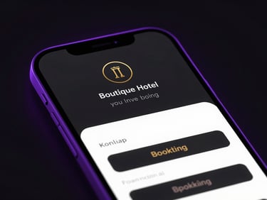 Sleek dark-mode digital render of a luxury boutique hotel booking interface, dramatic royal purple rim lighting, high contrast obsidian background.