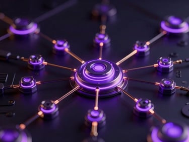 Sleek dark-mode digital render of glowing digital networks, custom artificial intelligence automation nodes, neon purple studio lighting