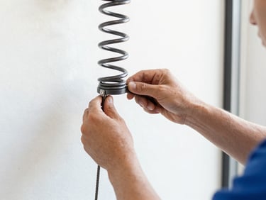 Close-up of a technician's hands adjusting tension cables on a heavy-duty garage door spring, sharp focus, 35mm, bright daylight.