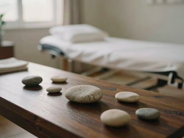 Soft-focus environmental shot of a quiet treatment room, smooth river stones on dark wood, warm indirect natural light, serene film grain.