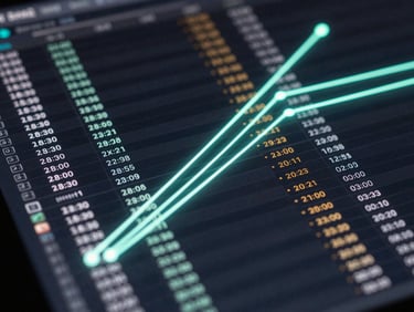 Macro close-up of a dark user interface displaying an algorithmic matching matrix, glowing neon-mint connection lines, and structured data tables.