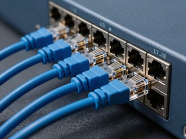 Macro shot of organized blue and gray ethernet cables plugged into a high-end network switch, cool technical lighting.