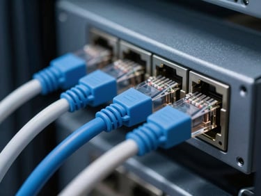 Macro shot of organized blue and white ethernet cables plugged into a clean rackmount switch in a cool-toned corporate server room, shallow depth of field