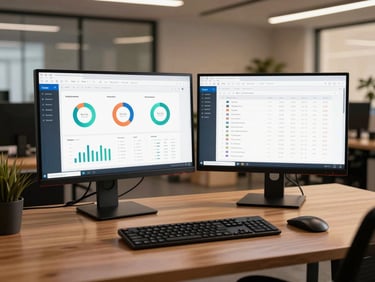 Wide-angle shot of a full-desk setup with two monitors showing a SaaS admin panel with charts and user tables, keyboard and trackpad in foreground, warm studio lighting, blurred Dakar office background