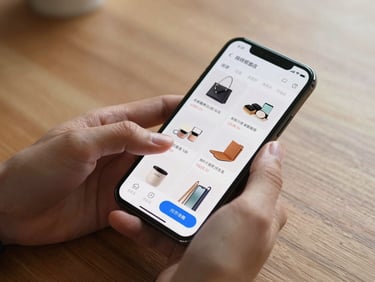Hands scrolling through a mobile e-commerce product page on a smartphone, items clearly visible, warm natural light on a wooden desk surface, payment interface partially visible at screen bottom