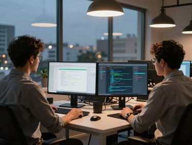 Environmental shot of a Dakar studio workspace at dusk, two developers at standing desks with monitors showing deployment logs and terminal windows, warm overhead pendant lights casting soft shadows, city lights faintly visible through a large window in the background