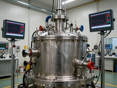 Hydrostatic pressure testing bay with a heavy steel chamber, digital telemetry screens showing pressure curves in red, high-tech industrial environment