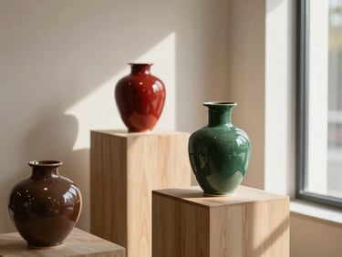 A sunlit minimalist design showroom showcasing ceramic vases on oak pedestals, soft side-lighting, warm editorial photography, 35mm