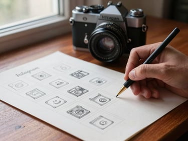 A close-up of hands sketching an Instagram grid layout on textured paper, a vintage camera on a wooden table, soft morning window light, rich crimson tones, 35mm photography