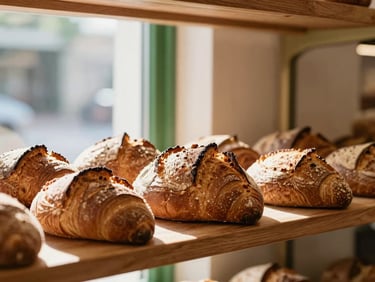 Cozy neighborhood bakery interior with fresh loaves of sourdough bread stacked on wooden shelves, warm morning glow, shallow depth of field, 35mm